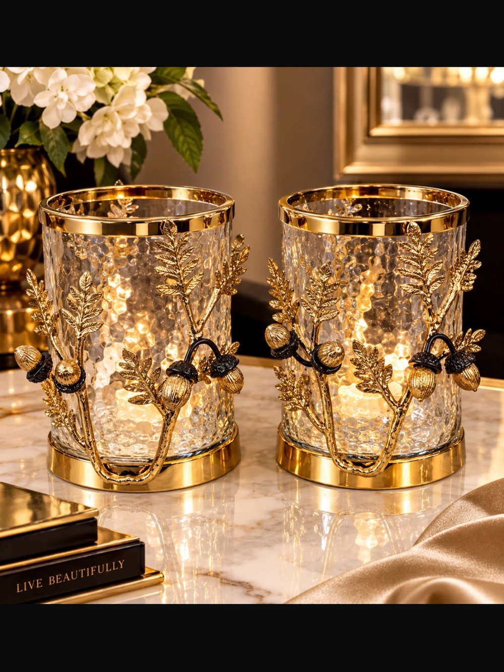 Gold Leaf & Acorn Glass Votive Candle Holders (Set of 2)